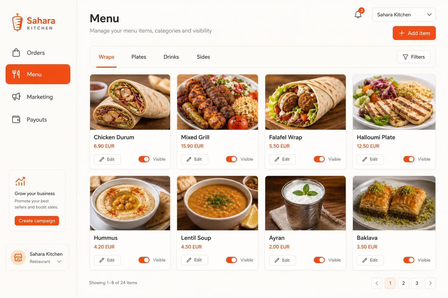 Update your menu in seconds dashboard view